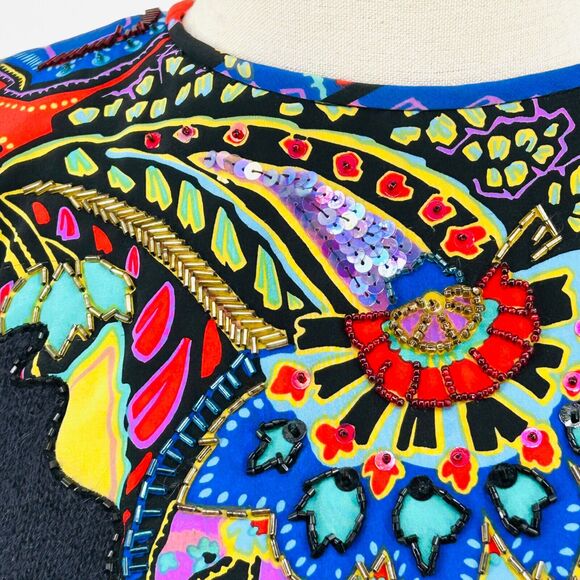 RARE 80s Marisa Christina Black Wool + Colored Silk Puff Sleeve Beaded Blouse - Picture 3 of 8